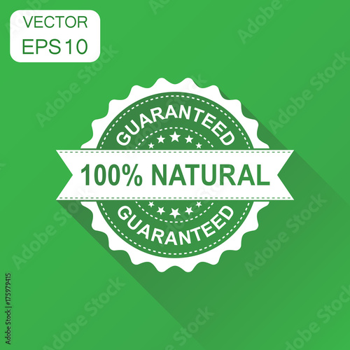 100% natural rubber stamp icon. Business concept guaranteed natural stamp pictogram. Vector illustration on green background with long shadow.