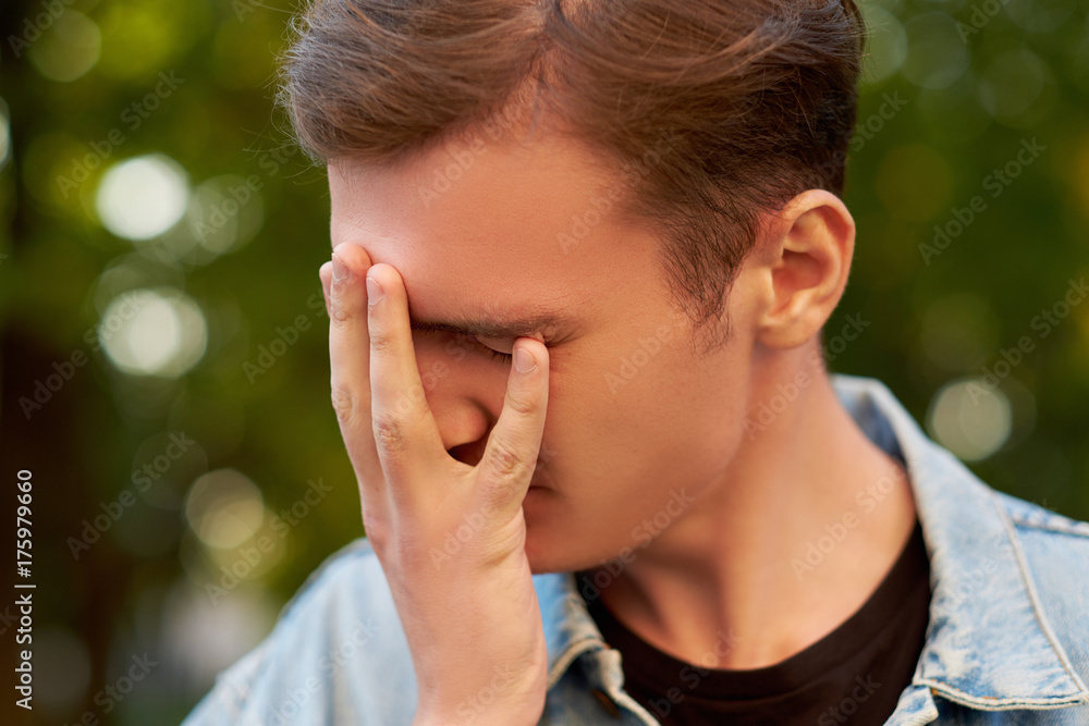 Men's stupid mistake. Regret guilt forget headache hangover concept Men's stupid mistake. Regret guilt forget headache hangover concept