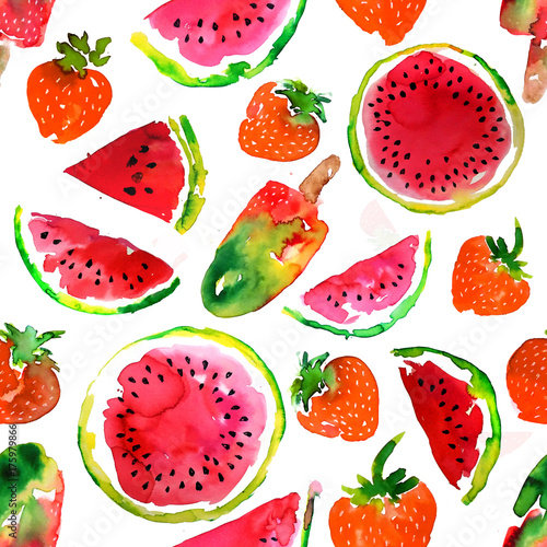 Fototapeta Naklejka Na Ścianę i Meble -  Summer theme. Watermelon and strawberry seamless pattern. Watercolor painting