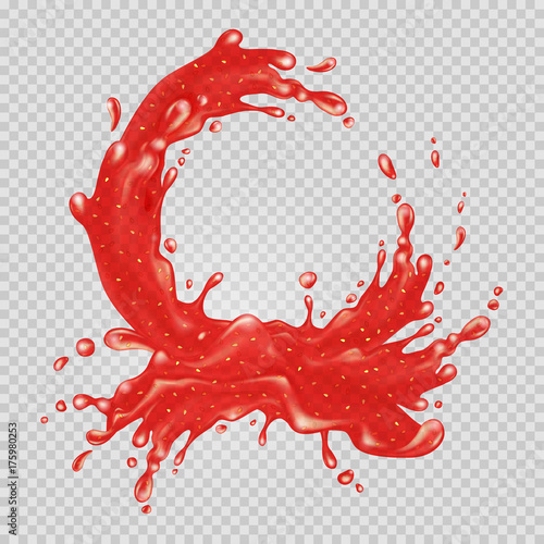 Strawberry jam. Red liquid splash. Transparent water. Vector illustration. 