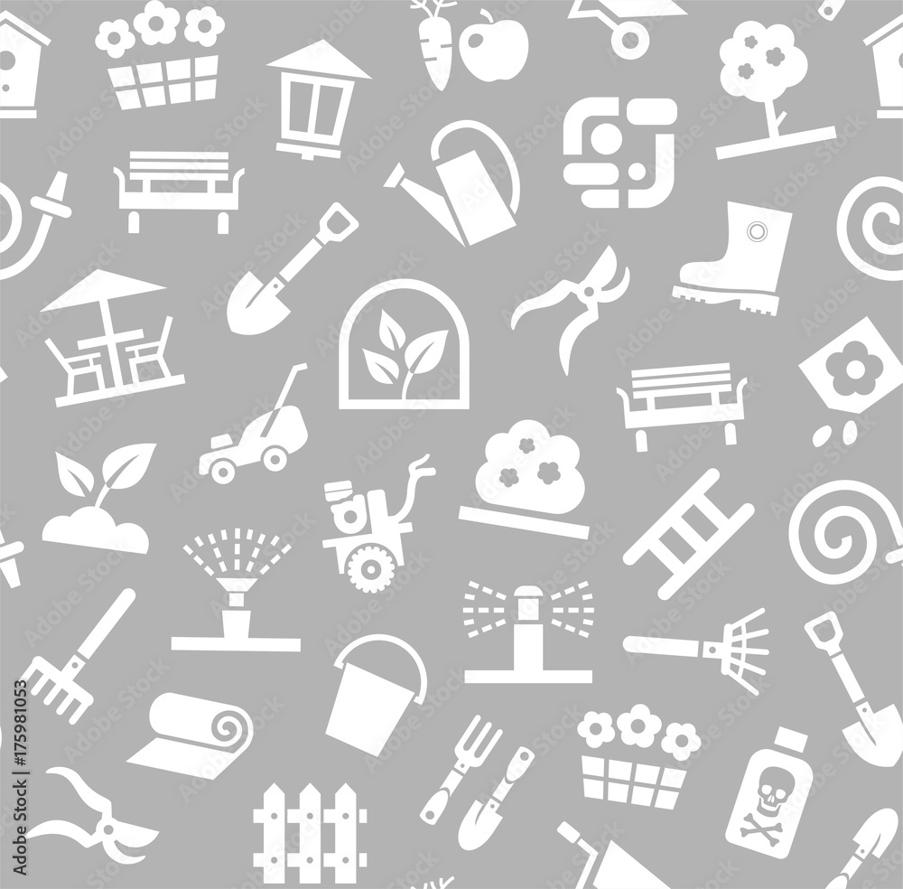 Landscape design, background, seamless, gray, vector. Background with equipment for gardening and horticulture. White, flat figures on a grey field. Arrangement of land. Landscape design, background, seamless, gray, vector. Background with equipment for gardening and horticulture. White, flat figures on a grey field. Arrangement of land.