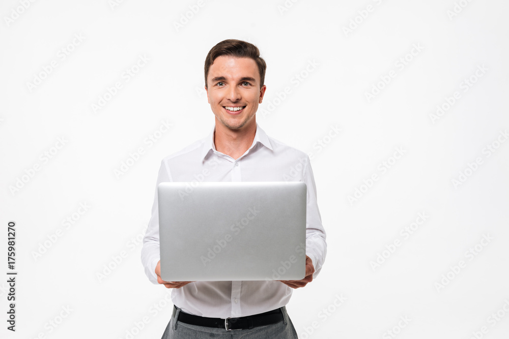 Portrait of a positive man in white shirt white background Portrait of a positive man in white shirt white background