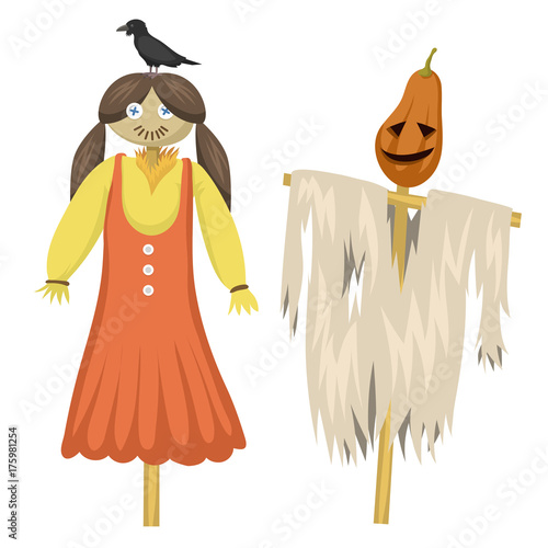 Garden ugly terrible fabric scarecrow fright bugaboo dolls on stiick and toy character dress from farm rag-doll vector illustration