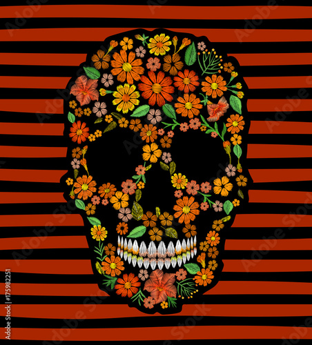 Embroidery skull face orange flower texture mexican patch. Textile print embroidered stitch. Dia de los Muertos Day of the Dead or Halloween card vector illustration on striped background.
