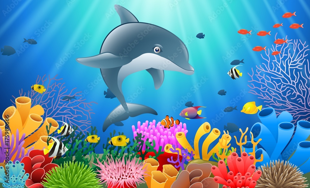 Obraz premium Cartoon dolphin with Coral Reef Underwater in Ocean. Vector illustration