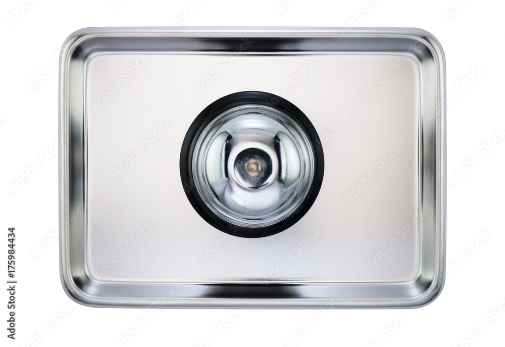 Service bell / Service bell on stainless tray on white background. Top view. Service bell / Service bell on stainless tray on white background. Top view.