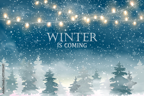 Fototapeta Winter is coming. Christmas landscape with Falling Christmas snow, coniferous forest, light garlands. Holiday winter landscape. Snowfall background. Vector illustration