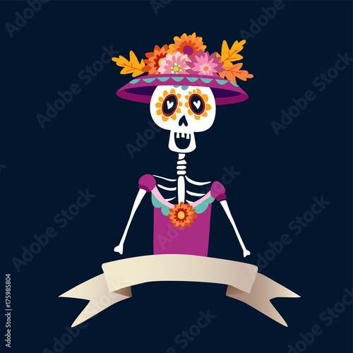 Dia de Los Muertos greeting card, invitation. Mexican Day of the Dead. Skeleton woman with flowers. Ornamental skull. Hand drawn vector illustration, background.