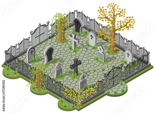 Cemetery in autumn. 3D isometric view. Vector illustration.