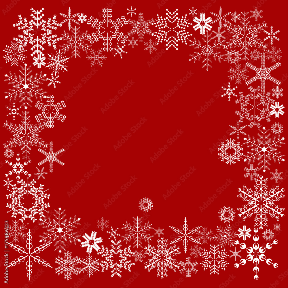 Frame of snowflakes on red
