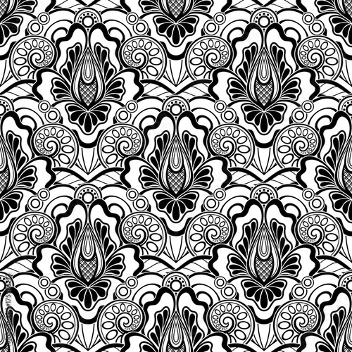 Black and White Seamless Pattern with Floral Motifs. Endless Texture with Flowers, Leaves and Swirl. Natural Background in Doodle Style. Template for Pressured Printing. Vector Contour Illustration