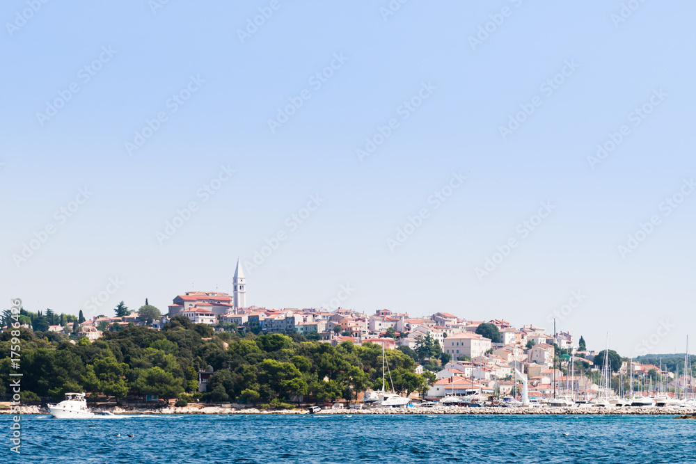 View over harbor and old town of Vrsar, Croatia, from the sea