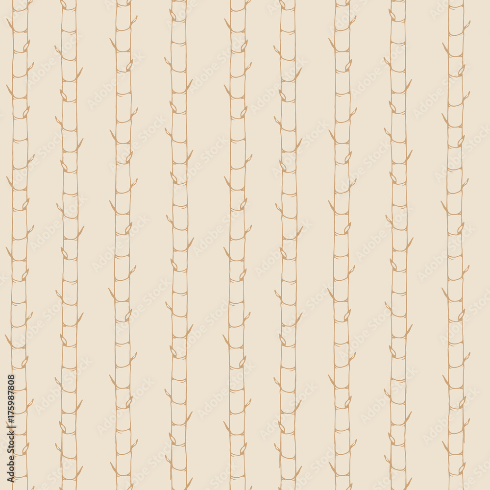 Naklejka premium Hand drawn vector asian seamless pattern containing bamboo contours. Vertical ornament in pastel colors on the beige background.