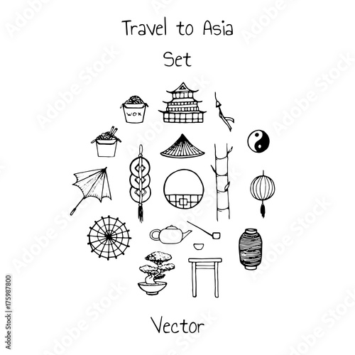 Vector asian set. Includes oriental elements contours: umbrellas, japanese lucky cats, coins, lanterns, bonsai, torii gates, noodles, traditional hat, tea pot, bamboo and yin yang symbol.