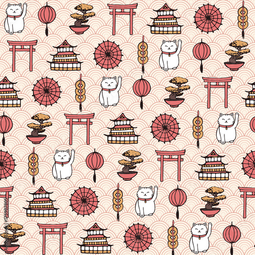 Hand drawn vector asian seamless pattern containing oriental elements: umbrellas, lucky cats, coins, lanterns, bonsai and torii gates. Ornament on the red japanese wave background.