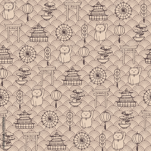 Hand drawn vector asian seamless pattern containing oriental elements brown contours: umbrellas, japanese lucky cats, coins, lanterns, bonsai and torii gates.