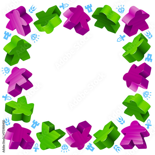 Square frame of meeples for board games. Green and purple game pieces, and resources counter icons isolated on white background. Vector border for design boardgames advertisement