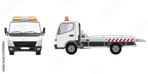 White tow truck with front and side view. Flat vector with solid color design.