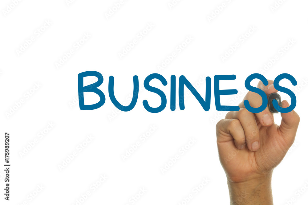 Hand writing BUSINESS in Blue on Screen Hand writing BUSINESS in Blue on Screen