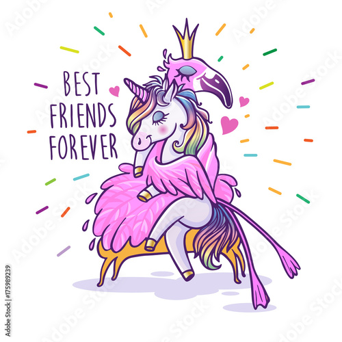 Unicorn with flamingo. Best friends forever. Vector greeting card.