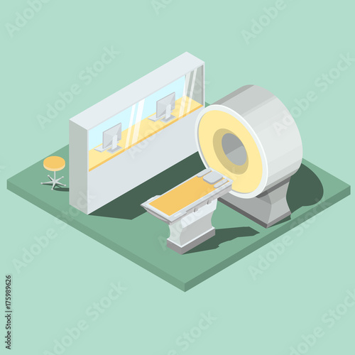 Medical cabinet with magnetic resonance imaging equipment, MRI scanner operator workplace with seat isometric projection vector illustration. High technologies for modern medicine diseases diagnosis