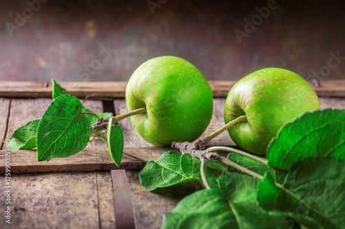 Organic green apple branches in studio with leaves on old rustic brown wooden box and dark painted background in studio