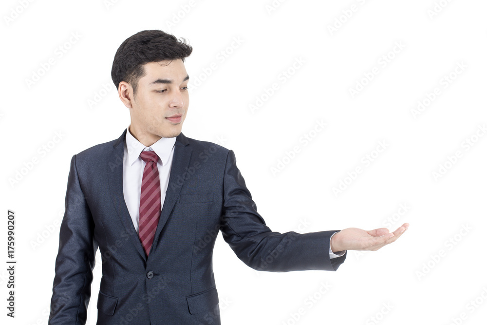 Asian Businessman Point to present for Business Plan, Man stand and smile, isolated on white background, Business vision concept. Asian Businessman Point to present for Business Plan, Man stand and smile, isolated on white background, Business vision concept.