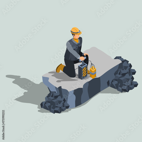 Explosives worker, ordnance handling expert, constriction or quarry   blaster in protective helmet, standing on a knee near remote control dynamite detonator isometric projection vector illustration