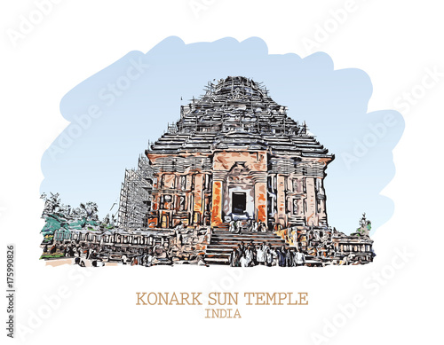 Vector illustration of Konark Sun Temple in India.