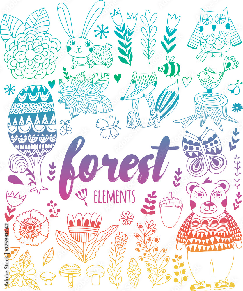 Vector forest elements in doodle childish style Vector forest elements in doodle childish style