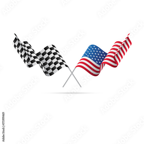 Checkered and USA flags. Vector illustration.