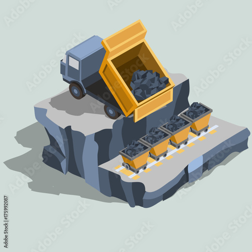 Dump truck ships coal into coal carts, mining equipment, quarry industrial machines and factory isometric projection isolated vector illustration