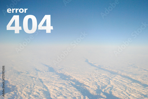 Error page 404 for the website, sky and clouds view from the aircraft, white letters inscription 