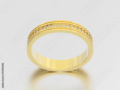 3D illustration yellow gold engagement wedding band diamonds ring with reflection and shadow