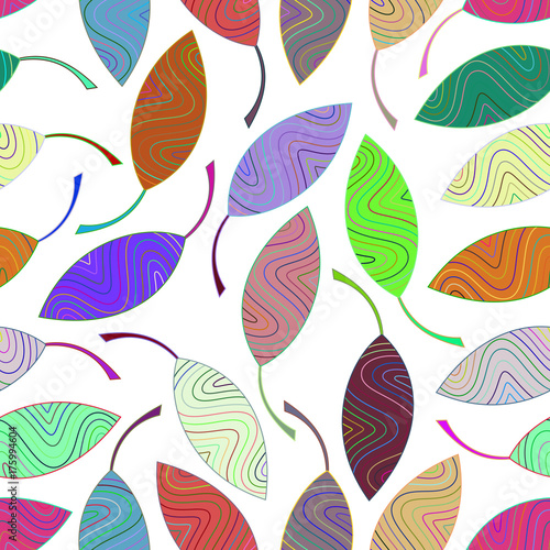 Seamless pattern from multi-colored striped leaves. Seamlessly texture for the design of packaging, textiles, wrappers, coloring, wallpaper etc. © Ayvengo