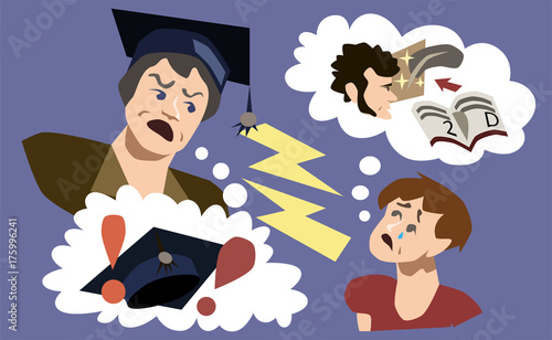 Scared student dreaming about college and degree. Education pressure, unwillingness, depression, mindfulness concept illustration vector.