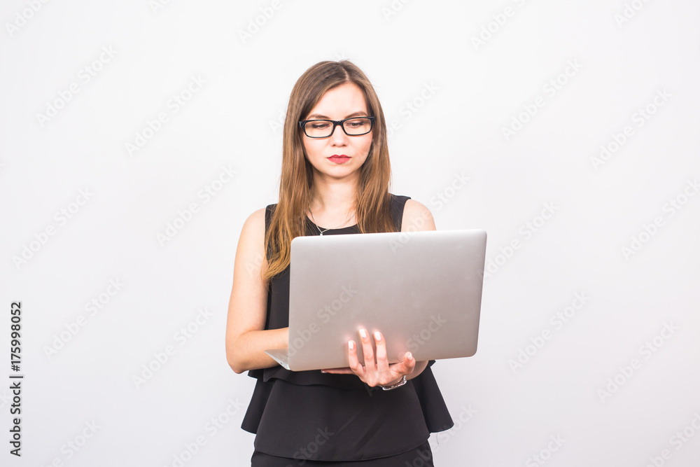 business, technology and people concept - businesswoman with laptop on white background business, technology and people concept - businesswoman with laptop on white background