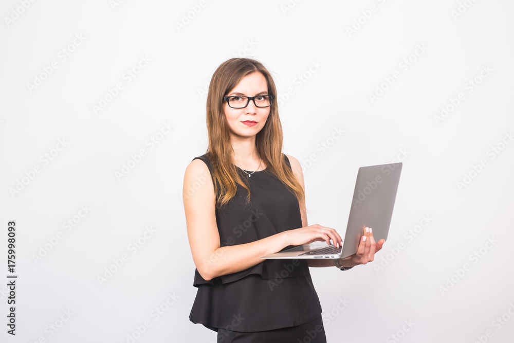 business, technology and people concept - businesswoman with laptop on white background business, technology and people concept - businesswoman with laptop on white background