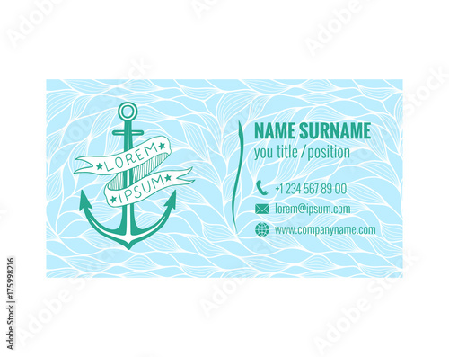 Business card template for yacht club, sea transport or travel agency. Nautical design. Vector illustration.