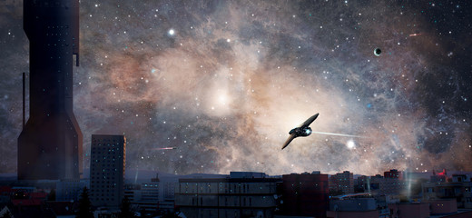 Fotobehang Aquarelschilderij wolkenkrabber  Sciencefiction stad met nevel en ruimteschepen  © Space Creator