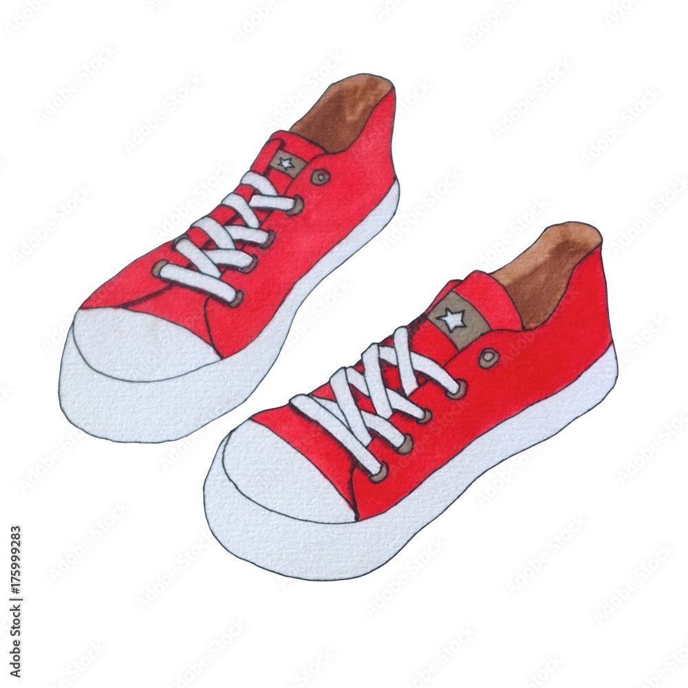 Classic canvas shoes. Red sneakers with white laces isolated on white  background. Artistic watercolor sketch Stock Illustration | Adobe Stock
