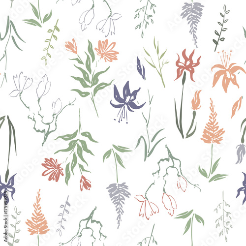 Seamless patterm based on color hand painted ink leaves, flowers and herbs with magnolia and iris.