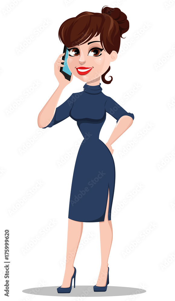 Young cartoon businesswoman. Beautiful lady holding smartphone. Young cartoon businesswoman. Beautiful lady holding smartphone.