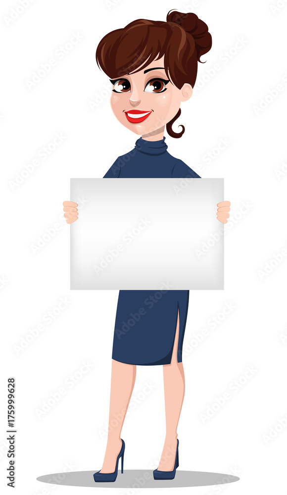 Young cartoon businesswoman. Beautiful lady holding blank placard. Young cartoon businesswoman. Beautiful lady holding blank placard.