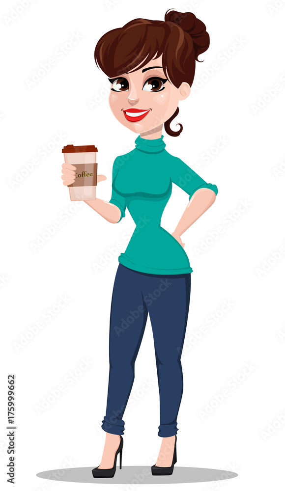 Young cartoon businesswoman. Beautiful lady holding cup of coffee.