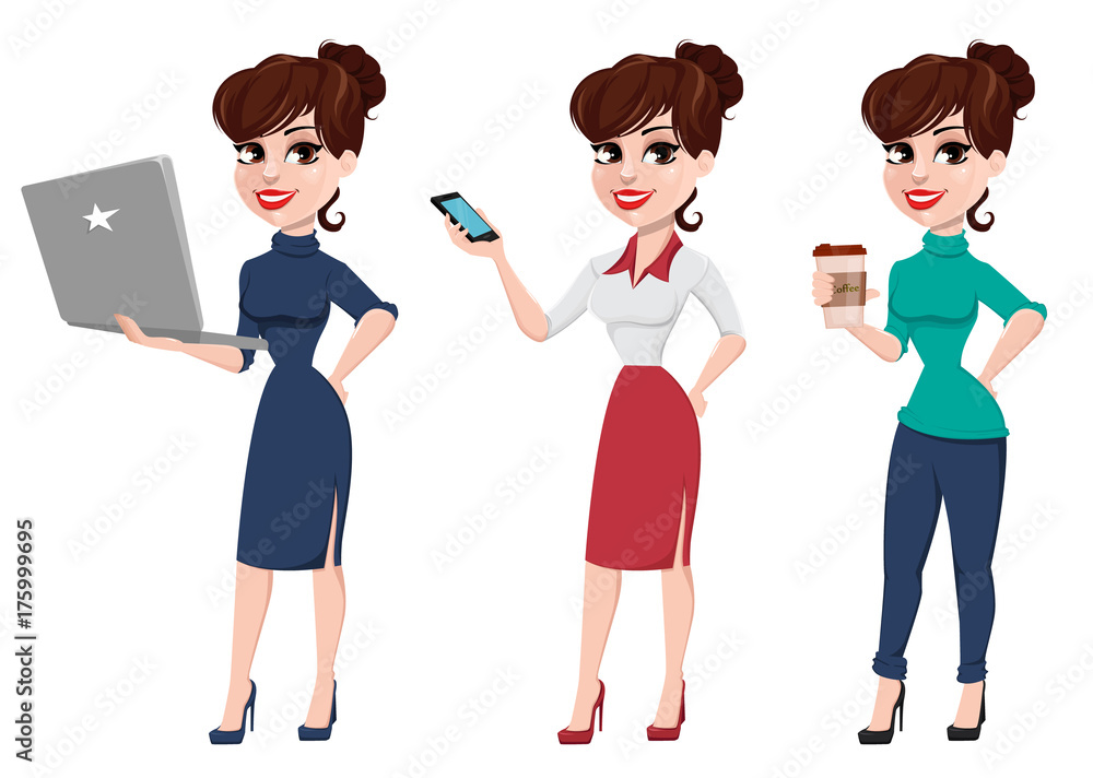 Young cartoon businesswoman set. Beautiful lady with laptop, with smartphone and with cup of coffee. Young cartoon businesswoman set. Beautiful lady with laptop, with smartphone and with cup of coffee.