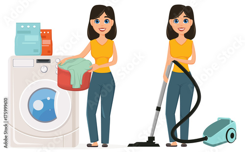 Housewife washes clothes in the washing machine vacuuming home with a vacuum cleaner, set.