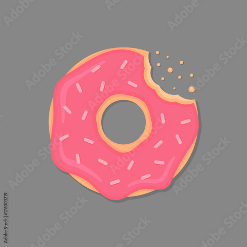 Bitten donut with pink icing and sprinkles. Cartoon doughnut. Vector donut icon.