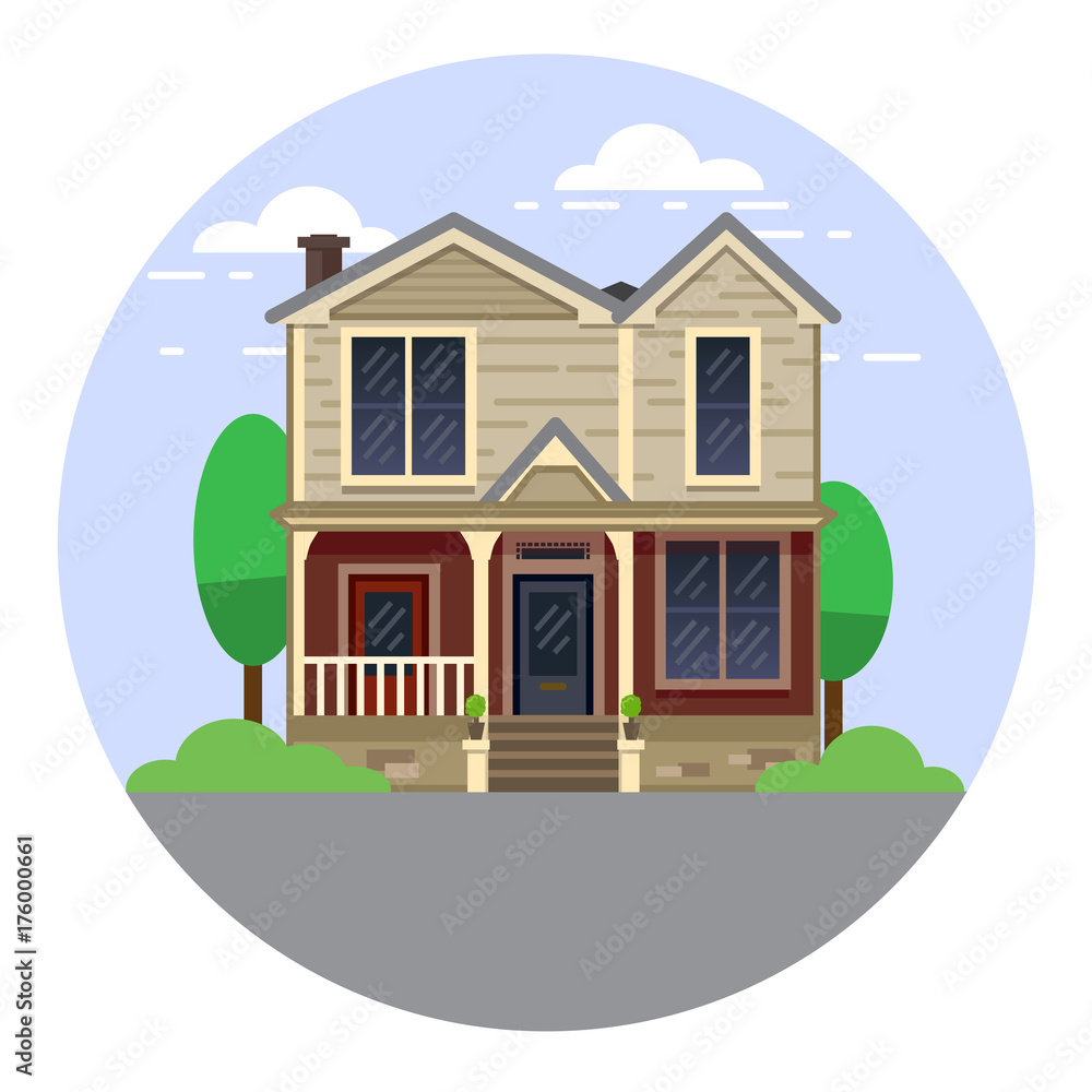 A hand drawn illustration. Home Sweet Home. Vector icon. The building of the architect. Victorian style.