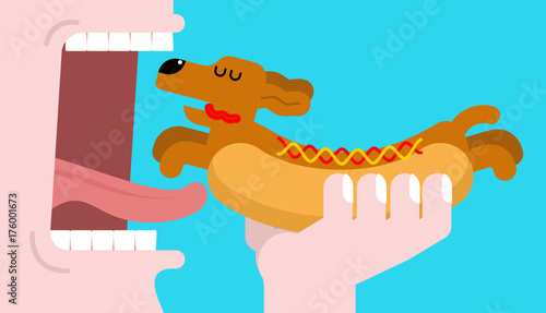 Eat Hot dog dachshund. Open mouth and teeth. Pet Animal Hotdog. Vector illustration